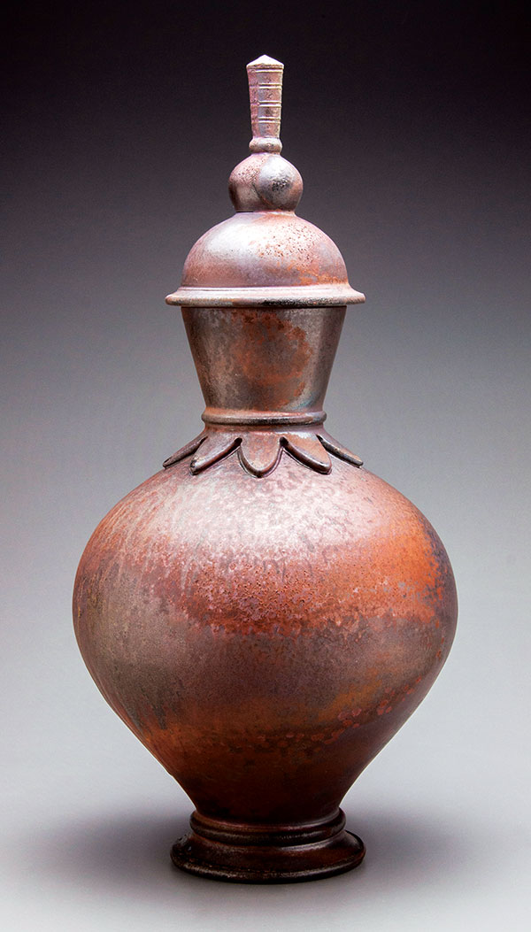 9 Lidded Jar, 16 in. (41 cm) in height, stoneware, laterite slip, wood fired to cone 11, reduction cooled, 2020.