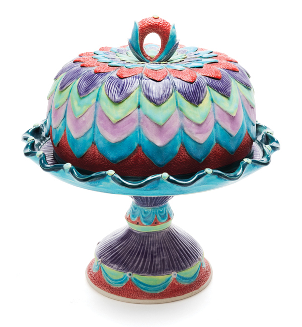 1 Jenny Lou Sherburne’s cake stand, 11 in. (28 cm) in height, wheel-thrown and altered mid-range porcelain, glaze, terra sigillata, underglazes, fired to cone 6 in an electric kiln. 