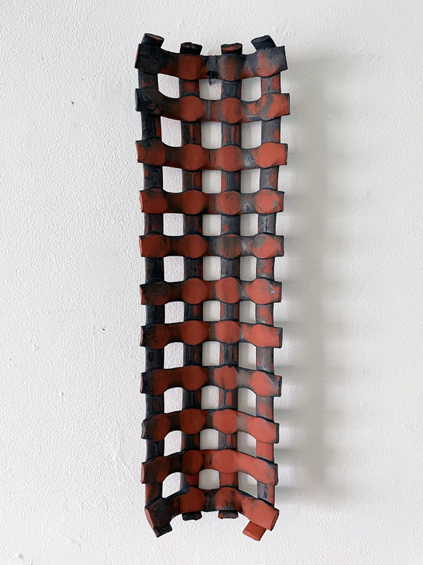 Top: Long basket tray, 18 in. (46 cm) in length, handbuilt earthenware, oxides, 2021.