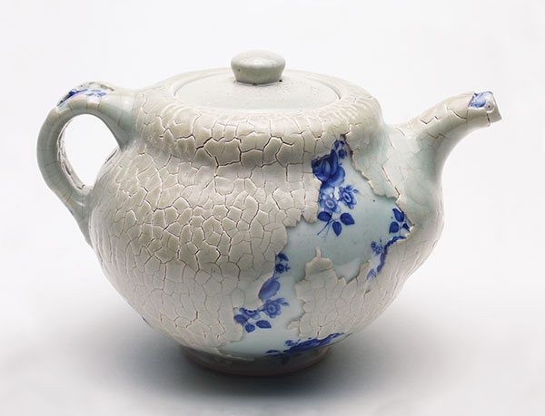 3 Jessica Wilson’s Layers Series—Teapot, 8½ in. (22 cm) in width, porcelain, decals, fired to cone 10 in reduction, 2021.