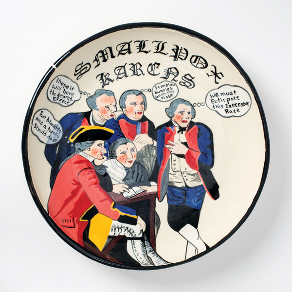4 Judy Chartrand’s Peace Talk Fuckery (1763), 11½ in. (29 cm) in diameter, low-fire paper clay, underglaze, glaze, 2022. 