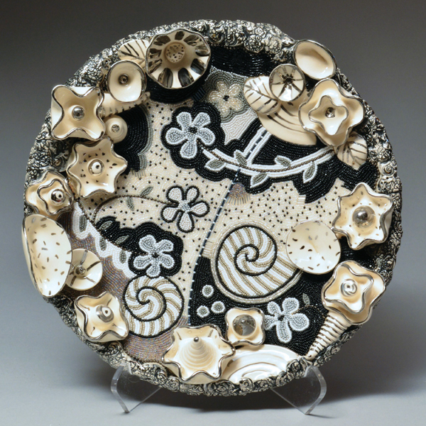 Platter, 17 in. (43 cm), wheel-thrown and handbuilt china clay, fired in an electric kiln to cone 05, luster glazes, glass beads, 2019. 