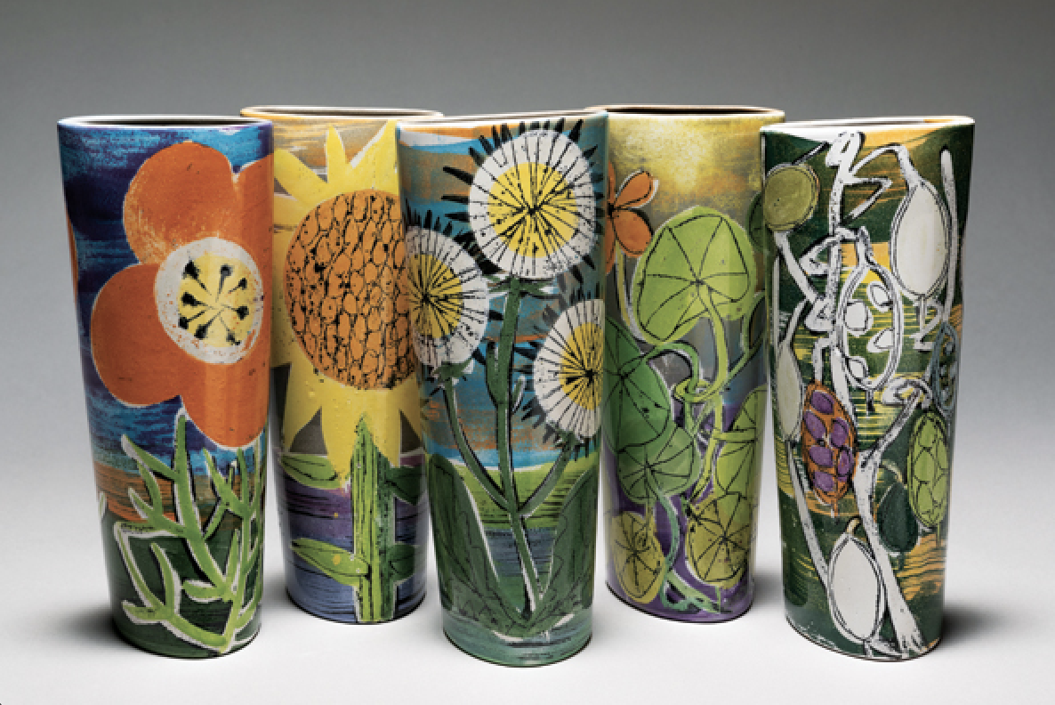 Small Twist Vases, to 8½ in. (22 cm) in height, slip-cast earthenware, majolica, zircon glaze. Photo: Alex Brattell.