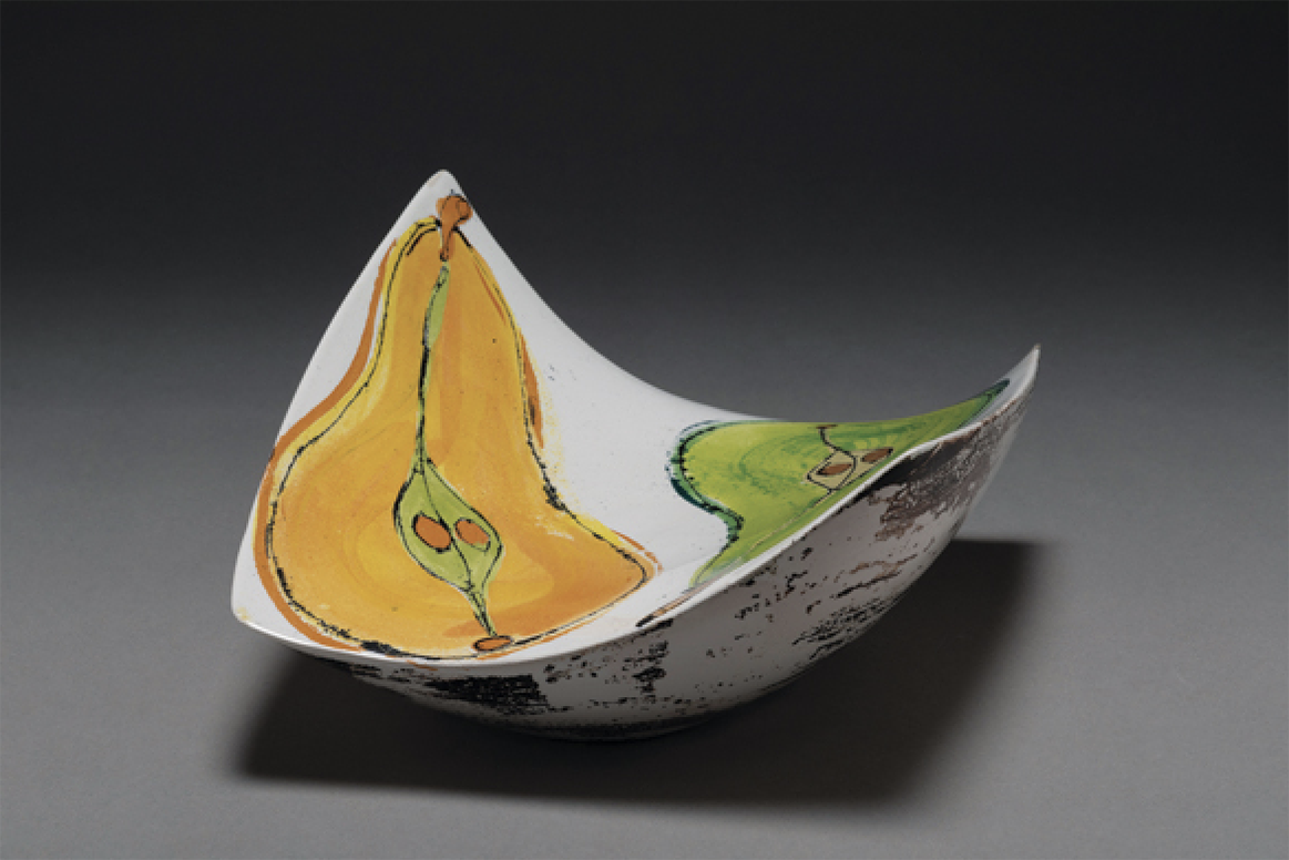 Pears Wave Bowl, 9 in. (23 cm) in length, slip-cast earthenware, majolica, zircon glaze. Photo: Alex Brattell.