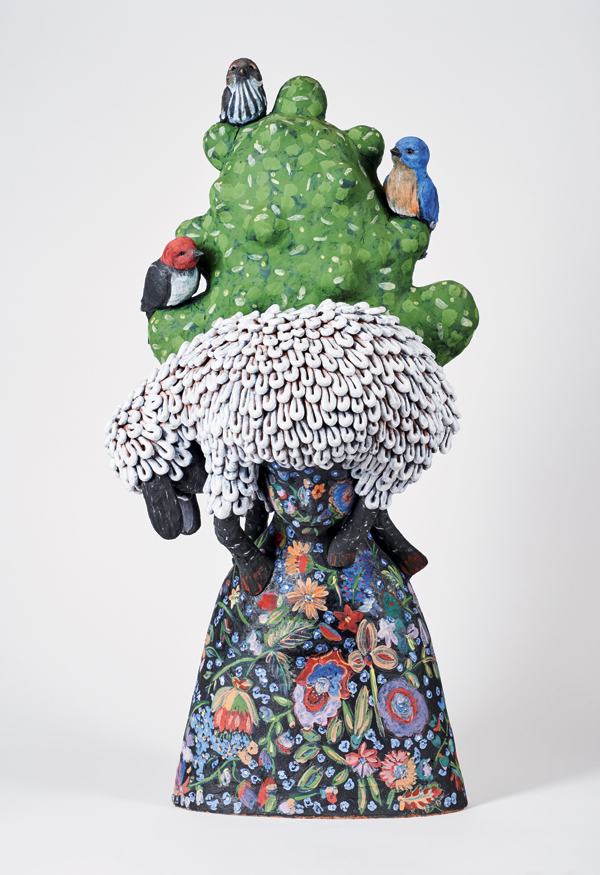 13 Andréa Keys Connell’s sculpture from the What Comes Down Must Go Up series, 36 in. (91 cm) in height, clay, Amaco LUG and Velvet underglazes, glaze, 2022. Photo: Andrew Caldwell. 