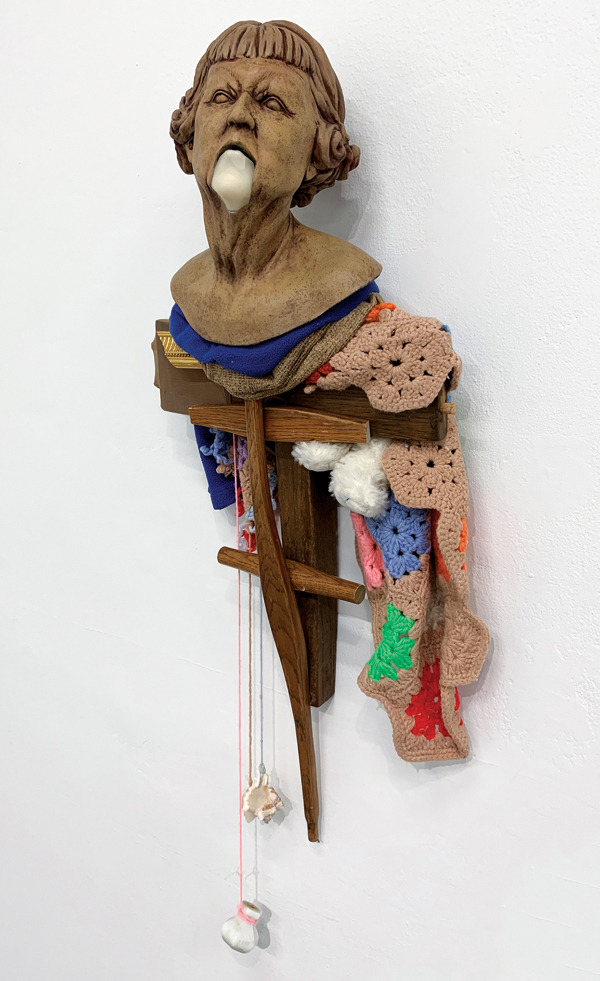 9 Kourtney Stone’s Grandma String Bean Told That One Before, 36 in. (91 cm) in height, handbuilt earthenware, underglaze, fired to cone 04, wood, found objects, textiles, wax, 2019. Photo: Coorain Devin. 