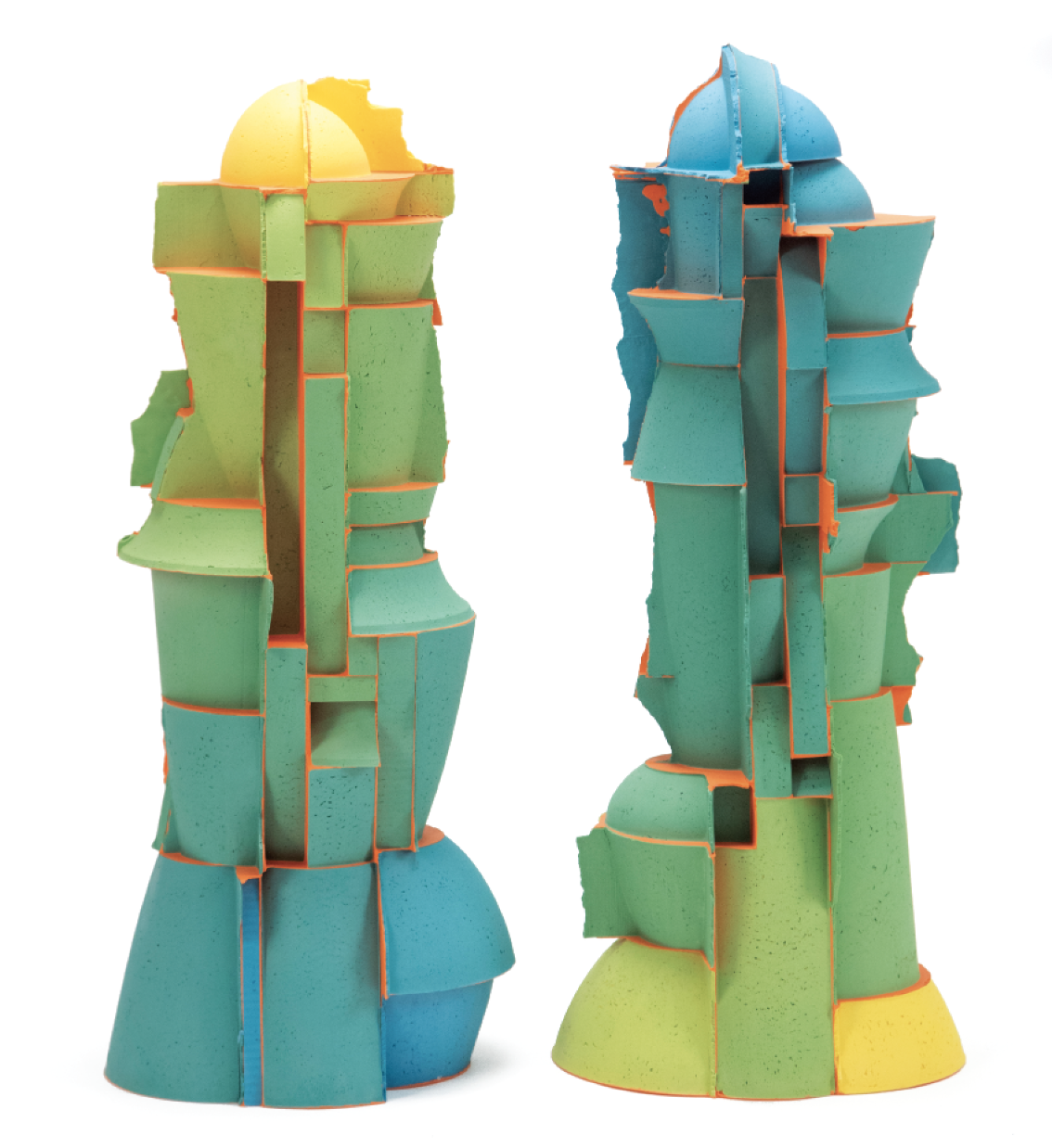 3 Kyle Johns’ Reverse Fade Structures, 25 in. (64 cm) in height, colored porcelain, fired to cone 6 in oxidation, 2021.