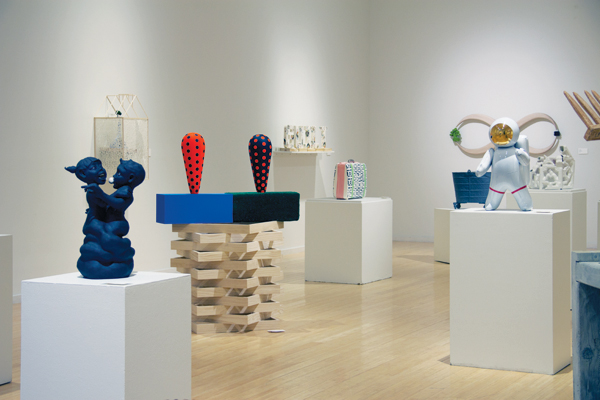 6 Exhibition view showing Kyungmin Park’s Double Bubble Trouble (foreground, left), sculpture by Kyle Bauer (middle ground, left), and Brett Kern’s Inflatable Astronaut (middle ground, right).