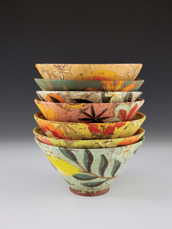 2 Stack of bowls, 7 in. (18 cm) in length (each), red stoneware, underglaze, colored slip, glaze, fired to cone 6 in oxidation, 2022. 
