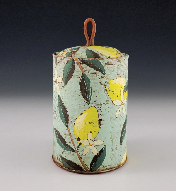 Lemon jar, 8½ in. (22 cm) in height, red stoneware, underglaze, colored slip, glaze, fired to cone 6 in oxidation, 2022.