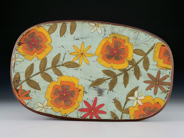 4 Platter, 17 in. (43 cm) in length, red stoneware, underglaze, colored slip, glaze, fired to cone 6 in oxidation, 2022. 