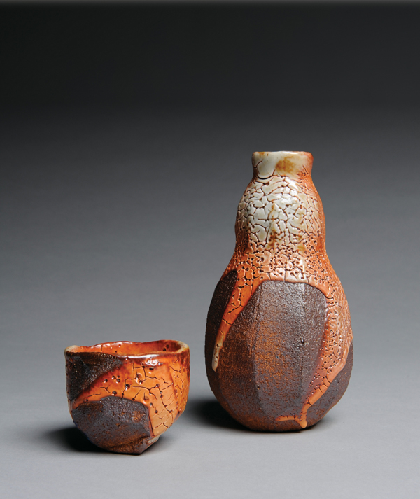 Lisa Hammond’s sake bottle and sake cup, to 6 in. (15 cm) in height, stoneware.