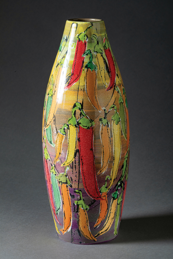 Chillies Vase, 12½ in. (32 cm) in height, slip-cast earthenware, majolica, zircon glaze.