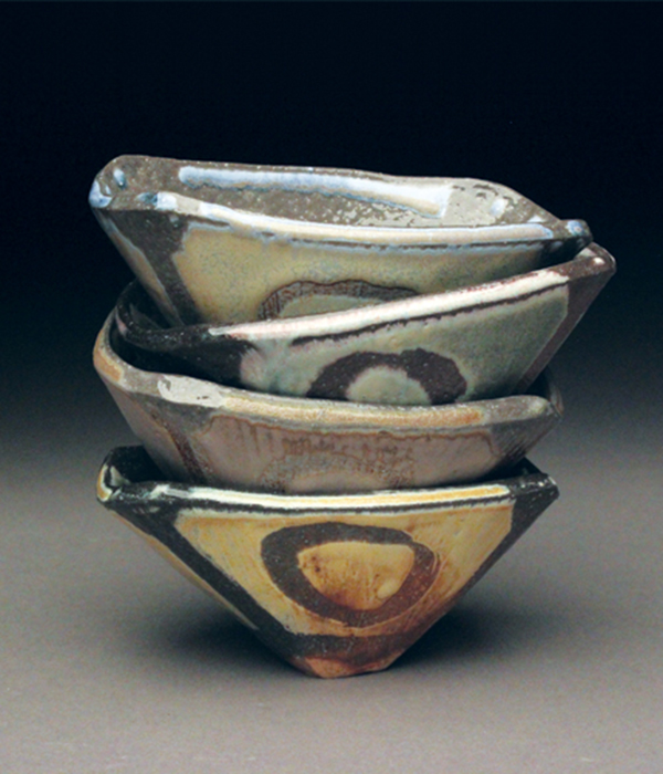 17 Bowl stack, 5 in. (13 cm) in length, porcelain, Yellow Salt, Green Salt, Blue Salt, and Honey Celadon glazes, 2015.