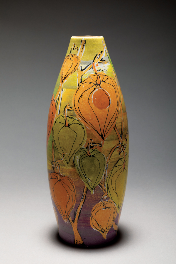Physalis Vase, 12½ in (32 cm) in height, slip-cast earthenware, majolica, zircon glaze. Photo: Alex Brattell.