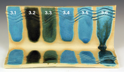 3 CPT-A Recipe: Flux Line Blend with Strontium Carbonate: (10% incremental additions of  strontium carbonate) Stripe 3.1 = Original recipe; stripe 3.2 = 0% strontium carbonate; stripes 3.3–3.6 = 10% incremental additions of strontium carbonate to each previous stripe’s mixture.