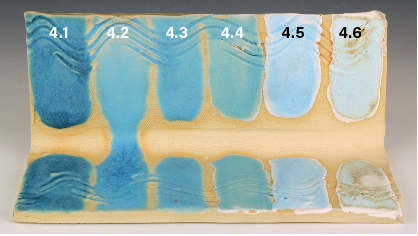 4 CPT-A Recipe: Clay Line Blend with EPK Kaolin: (10% incremental additions of EPK Kaolin) Stripe 4.1 = Original recipe; stripe 4.2 = 0% EPK kaolin; stripes 4.3–4.6 = 10% incremental additions of EPK kaolin to each previous stripe’s mixture.