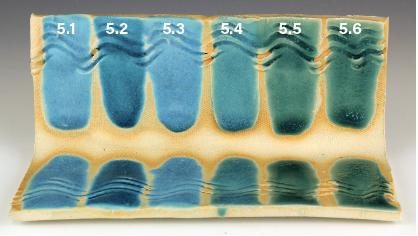 5 CPT-A Recipe: Glass Line Blend with Silica: (10% incremental additions of silica) Stripe 5.1 = Original recipe; stripe 5.2 = 0% silica; stripes 5.3–5.6 = 10% additions of silica to each previous stripe’s mixture.