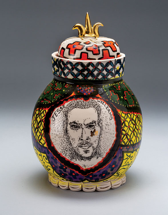 9 Roberto Lugo’s Covered Jar: Theaster Gates and Jesse Williams Portraits, 13 in. (33 cm) in height, porcelain, 2016.