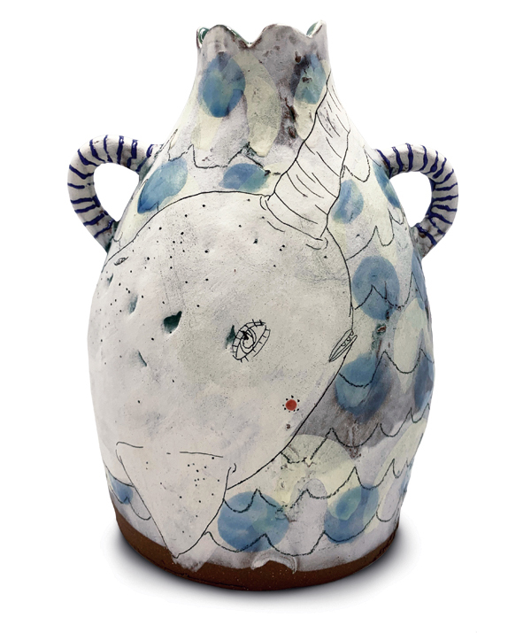 1 Lynne Hobaica’s Flower Bottle, 8½ in. (22 cm) in height, earthenware, 2022.