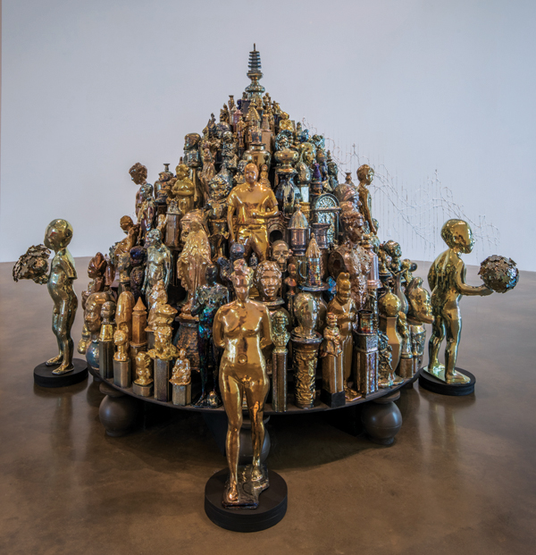 1 Walter McConnell’s A Theory of Everything—Odd Lot Ancestries, 10 ft. (3 m) in width, cast porcelain, metallic luster glazes, plywood, paint, 2022. Photo: Courtesy of Cross MacKenzie Gallery.