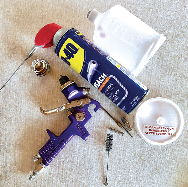6 Take apart and thoroughly clean your spray gun with forced water and brushes after you are finished spraying. Spray with WD-40 and let the parts dry thoroughly. Store unassembled. 