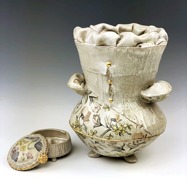 1 Sweet Memories, 14 in. (36 cm) in height, stoneware, soda fired to cone 10 in reduction, luster, decals, fired to cone 018, 2022. 