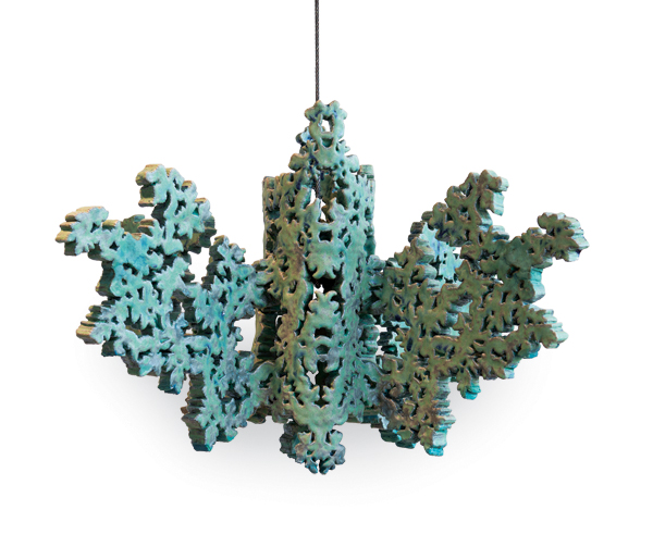 1 Andrea Marquis’ Chandelier #1 (Turquoise), 37 in. (94 cm) in diameter, handbuilt stoneware, mid-temperature glaze, aircraft cable, hardware, 2022.