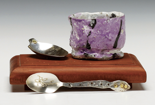 8 Guinomi with spoon, spoon rest, and tray, 61/4 in. (16 cm) in length (tray), wheel-thrown stoneware, multiple firings, forged silver-plate spoon and rest, recycled cherry tray. 