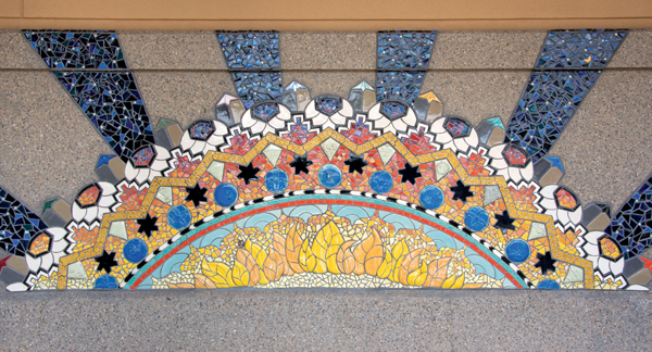 ALMA Summer Institute’s Meditation & Medicine For What Lies Ahead (detail), 2018. This mosaic focuses on the future in terms of growth, healing, and balance. It was created by ALMA lead artists Vanessa Alvarado, Margarita Paz-Pedro, and Cassandra Reid, along with lead apprentices Jaqueline De La Cruz and Victoriana Lucero, and 14 additional apprentice artists. 