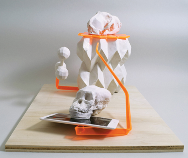 3 Megumi Naitoh’s composition with skulls, 22½ in. (55 cm) in length, 3-D printed, cast, handbuilt porcelain and stoneware, fired to cone 6 in an electric kiln, Plexiglas, plywood, 2015.