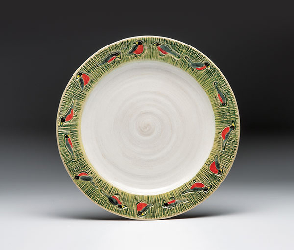 1 Robins Plate, 10 in. (25 cm) in diameter, slip-cast, wheel-finished stoneware, decorated with handmade roulette and stamps, fired to cone 6 in oxidation.