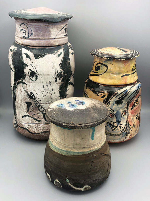 7 Three vintage Ron Meyers lidded jars, including an early raku piece from the 1967–1972 period.