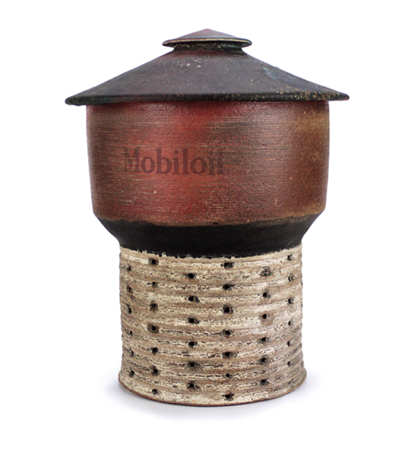 Mobiloil Water Tank, 14 in. (36 cm) in height, stoneware, Toshiko Black and Wirt’s Trap glazes, wood fired to cone 10, decal fired to cone 017. 