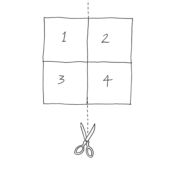 8 Turn your paper over and draw two lines, dividing it into four parts, numbered 1–4.