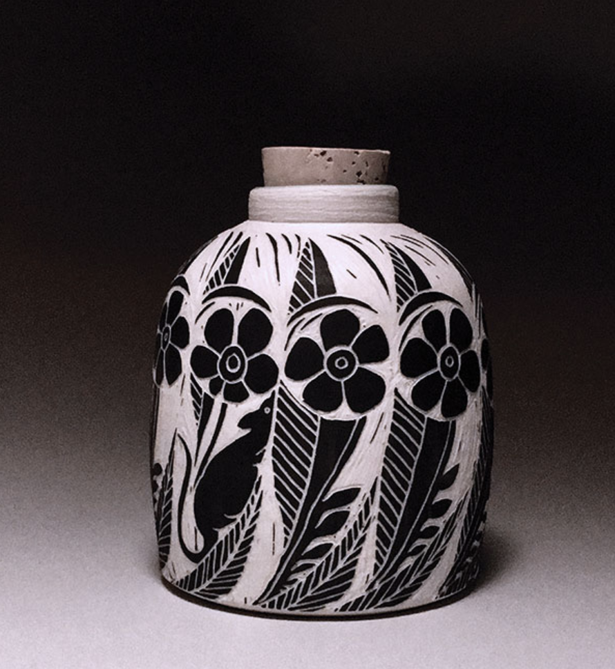 Chatham Monk and Justin Rice’s Year of the Rat Floral Jar, 7 in. (18 cm) in height, wheel-thrown porcelain, sgraffito, fired to cone 5 in an electric kiln.