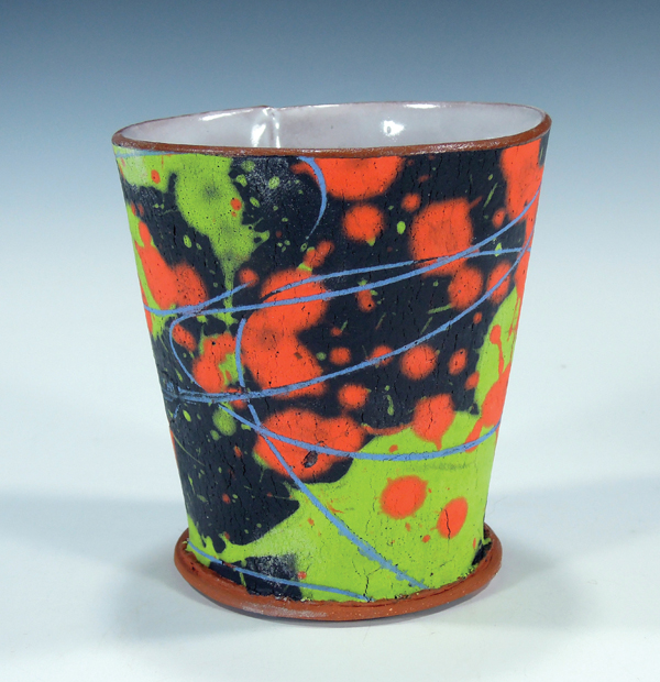 9 Greg Stahly’s Scribble Cup, 5 in. (13 cm) in height, terra cotta, slips, underglazes, fired to cone 1, 2015.