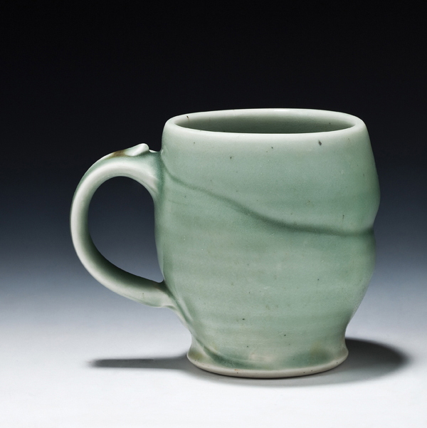 11 Lane Kaufmann’s celadon mug, 5 in. (13 cm) in height, porcelain, fired to cone 10, 2012.