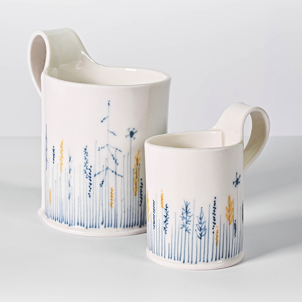 1 Charlotte Morrison’s Meadow Pattern Mug and Espresso Cup, to 4⅓ in. (11 cm) in height, porcelain. Photo: Steve Christian Photography. 
