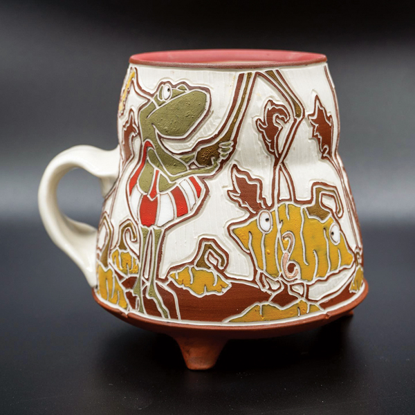 Fishing Frog Mug, 5 in. (13 cm) in height, sgraffito on porcelain.