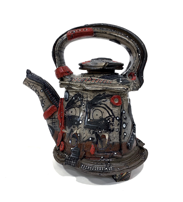 2 Alex Thomure’s Family Illness Teapot, 9 in. (23 cm) in width, salt-fired earthenware, white slip, underglaze, clear glaze, 2020. 