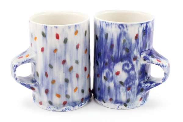 1 Bobby Tso’s B-Ware Limited Series Blue #1 and #2, 4¼ in. (11 cm) in height, slip-cast porcelain, decals, underglaze, fired to cone 5, 2021.