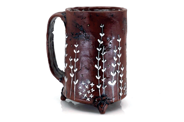 2 Sam Oliver’s Wildflower Stein, 4½ in. (11 cm) in height, coil-built earthenware, slip, underglaze, luster accents, fired to cone 1, 2022. 