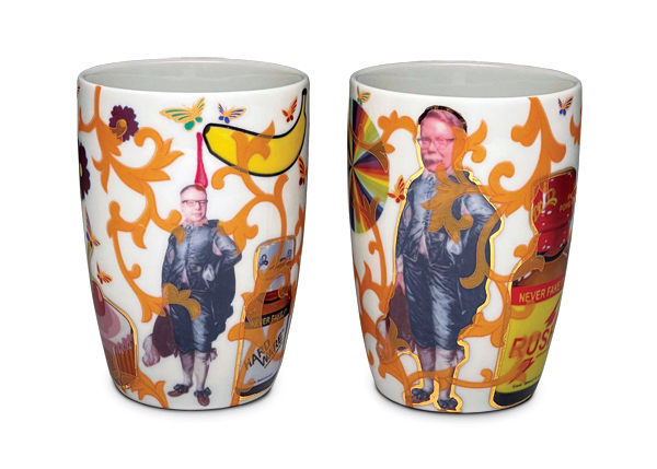 3 Wesley Harvey’s Mark Burns and Wesley Harvey Dressing Up as Howard Kottler Cup Set, 4 in. (10 cm) in height, slip-cast porcelain; glaze; custom color decals; vintage decals; gold luster; pink luster; fired to cone 10, 016, 018 in oxidation; 2022.