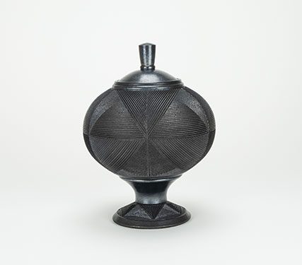 2 Pedestal jar, 11 in. (28 cm) in height, stoneware, terra sigillata, raku fired.