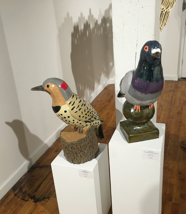 Peter Morgan’s Frederick the Northern Flicker (Colaptes auratus) and Roxanne the Rock Pigeon (Columba livia), to 24½ in. (62 cm) in height, low-fired ceramic.
