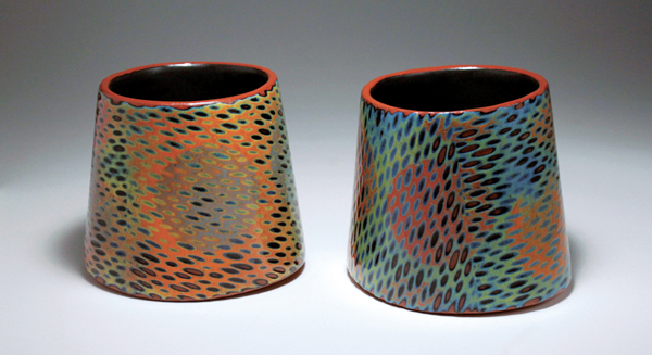 Angelo di Petta’s low-fire cups, underglazed and etched.