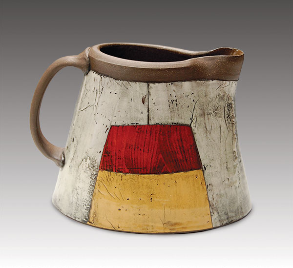 1 Oval pitcher, 7 in. (18 cm) in width, dark-brown stoneware with monoprint slip transfer, fired to cone 5 in oxidation, 2022. 