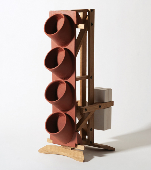 11 Patrick Kingshill’s Gripping Stuff, 18 in. (46 cm) in height, red stoneware, Hydrocal, white oak, screws, 2020. Photo: Kevin Bond.