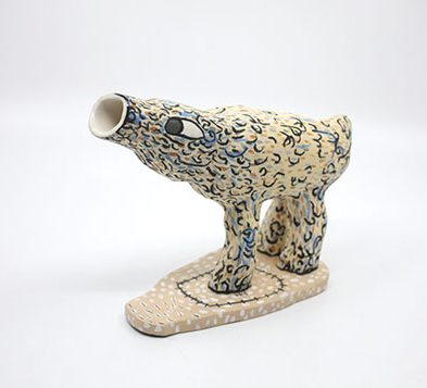 6 Howling dog, 8 in. (20 cm) in width, porcelain, underglazes, glaze, 2020.